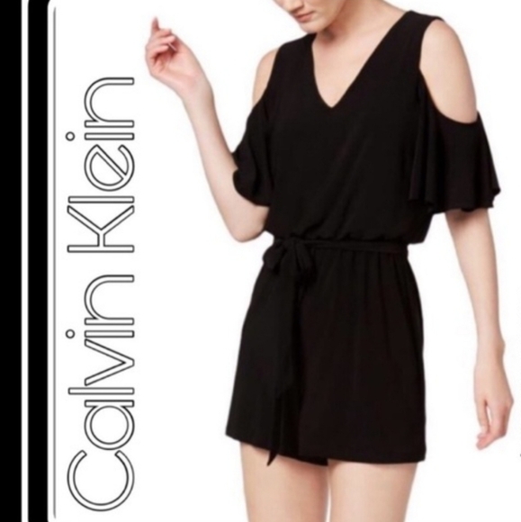 Calvin Klein Size 8 Black Stretch Cold Shoulder Shorts Romper Sash Tie Belt EUC - Picture 1 of 7